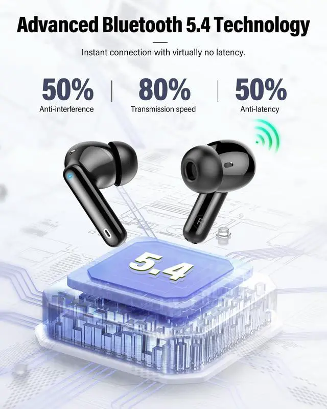 Alt view image 4 of 7 - Wireless Earbuds, Bluetooth 5.4 Headphones Bass Stereo, Ear Buds with Noise Cancelling Mic, LED Display in Ear Earphones Clear Calls, IP7 Waterproof Bluetooth Earbuds for Laptop/Phones/Sports, Black