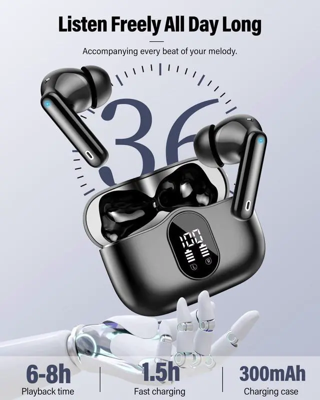 Alt view image 5 of 7 - Wireless Earbuds, Bluetooth 5.4 Headphones Bass Stereo, Ear Buds with Noise Cancelling Mic, LED Display in Ear Earphones Clear Calls, IP7 Waterproof Bluetooth Earbuds for Laptop/Phones/Sports, Black