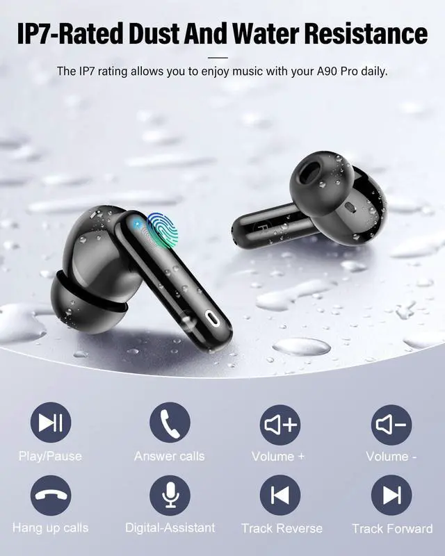 Alt view image 7 of 7 - Wireless Earbuds, Bluetooth 5.4 Headphones Bass Stereo, Ear Buds with Noise Cancelling Mic, LED Display in Ear Earphones Clear Calls, IP7 Waterproof Bluetooth Earbuds for Laptop/Phones/Sports, Black