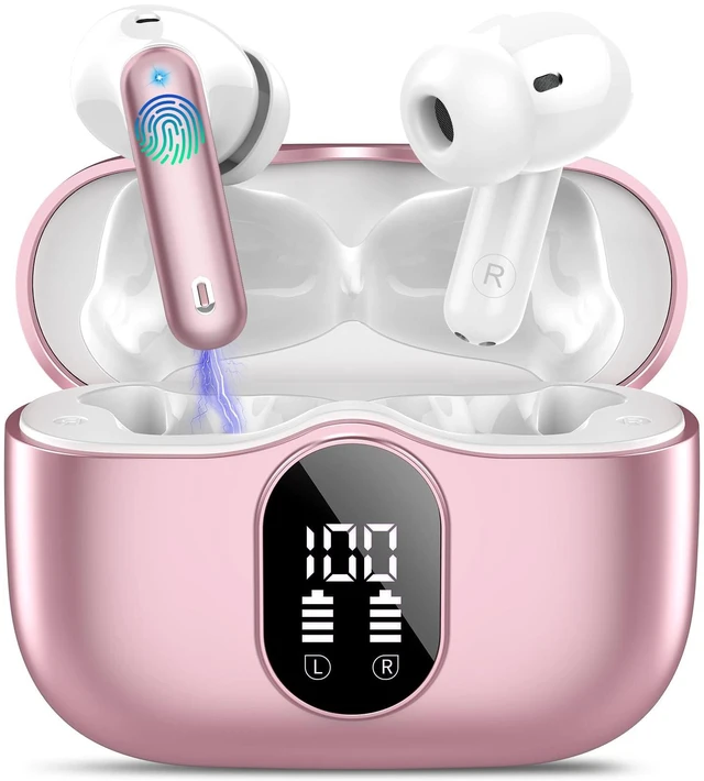 Main image of Wireless Earbuds Bluetooth 5.3 Headphones Bass Stereo Ear Buds with Noise Cancelling Mic LED Display in Ear Earphones IP7 Waterproof 36H Playtime for Laptop Pad Phones Sports Workout Pink Gold