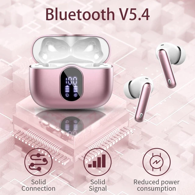 Alt view image 4 of 7 - Wireless Earbuds Bluetooth 5.3 Headphones Bass Stereo Ear Buds with Noise Cancelling Mic LED Display in Ear Earphones IP7 Waterproof 36H Playtime for Laptop Pad Phones Sports Workout Pink Gold