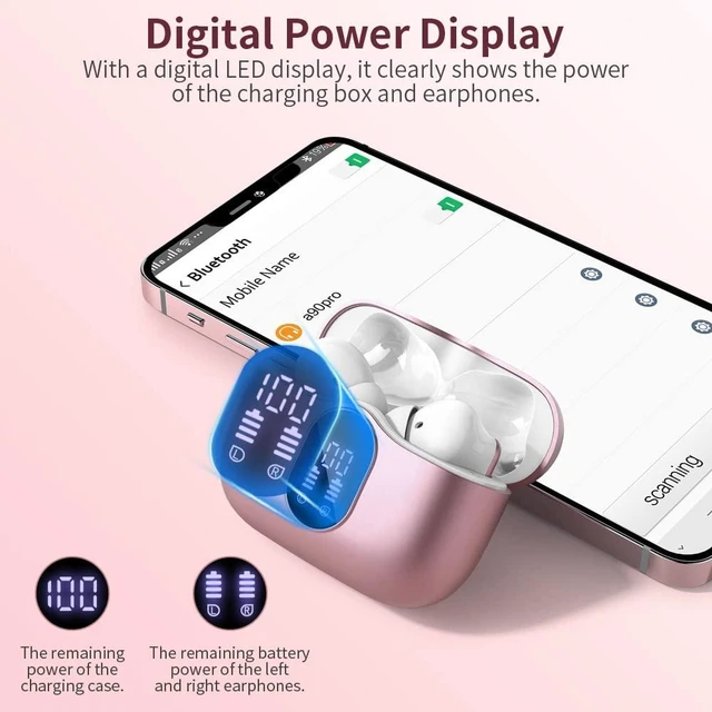 Alt view image 6 of 7 - Wireless Earbuds Bluetooth 5.3 Headphones Bass Stereo Ear Buds with Noise Cancelling Mic LED Display in Ear Earphones IP7 Waterproof 36H Playtime for Laptop Pad Phones Sports Workout Pink Gold