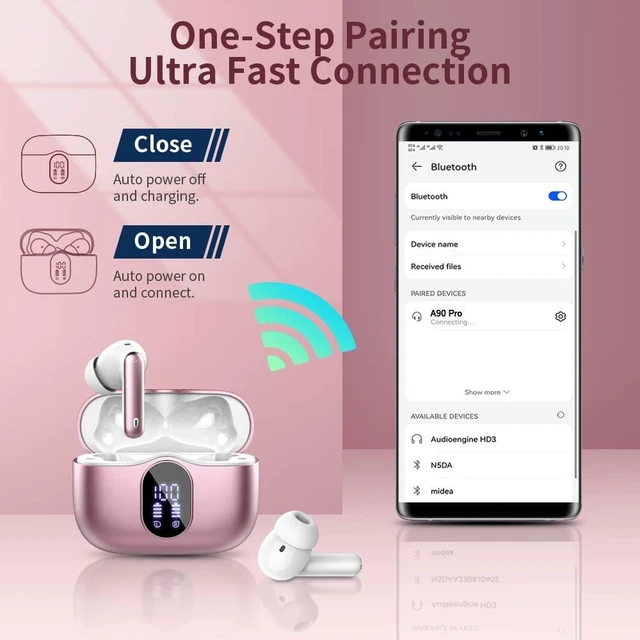 Alt view image 5 of 7 - Wireless Earbuds Bluetooth 5.3 Headphones Bass Stereo Ear Buds with Noise Cancelling Mic LED Display in Ear Earphones IP7 Waterproof 36H Playtime for Laptop Pad Phones Sports Workout Pink Gold