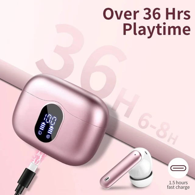 Alt view image 7 of 7 - Wireless Earbuds Bluetooth 5.3 Headphones Bass Stereo Ear Buds with Noise Cancelling Mic LED Display in Ear Earphones IP7 Waterproof 36H Playtime for Laptop Pad Phones Sports Workout Pink Gold