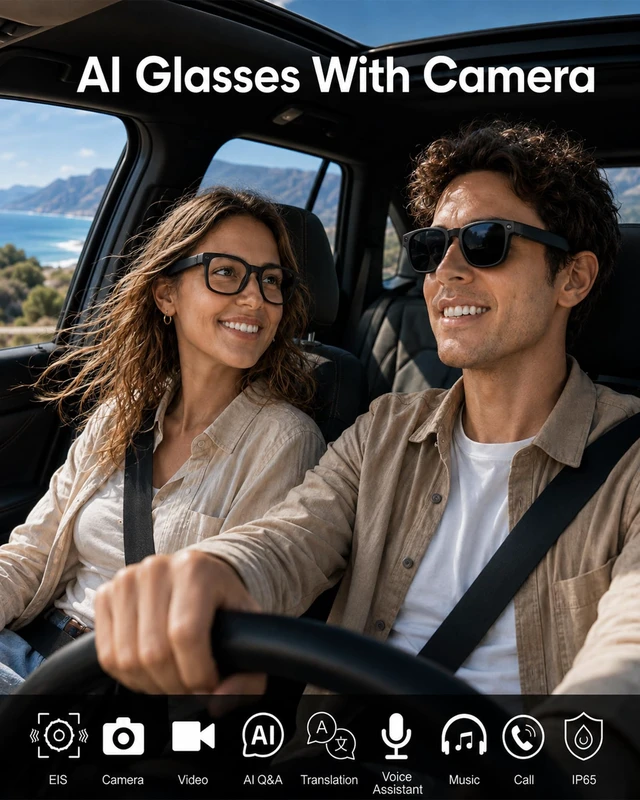 Alt view image 2 of 7 - AI Smart Glasses with Camera,Bluetooth Camera Glasses for Men Women 1080P EIS Video, 8MP Camera, AI Image Recognition, Voice Help, 139+ Translation, Open-Ear Audio,IP65 Splash for Travel&Vlog