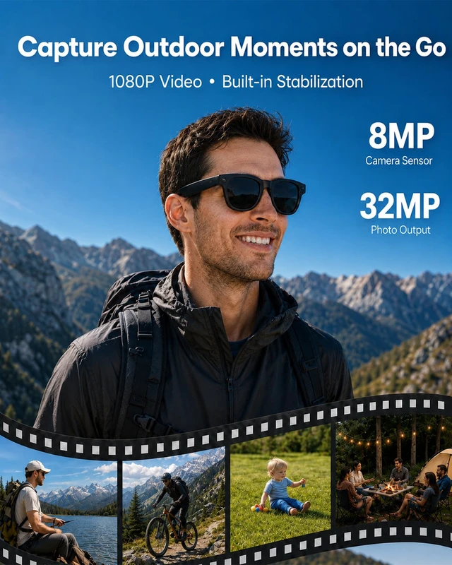 Alt view image 3 of 7 - AI Smart Glasses with Camera,Bluetooth Camera Glasses for Men Women 1080P EIS Video, 8MP Camera, AI Image Recognition, Voice Help, 139+ Translation, Open-Ear Audio,IP65 Splash for Travel&Vlog