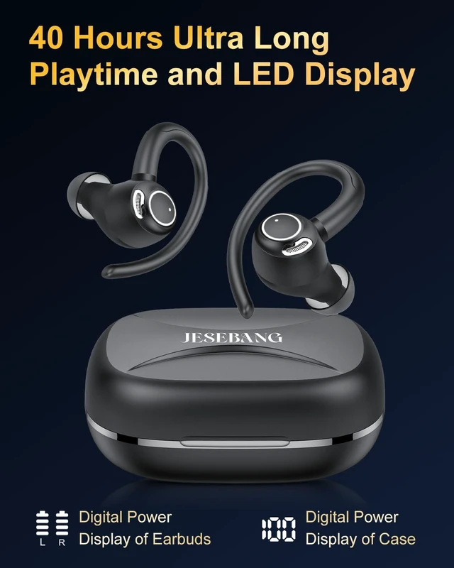 Alt view image 5 of 7 - Wireless Earbuds, Bluetooth 5.4 Headphones Sport Over Ear Buds With ENC Noise Cancelling Mic, 48H, Wireless Earphone With Earhooks, Stereo Deep Bass, IP7 Waterproof ear bud for Workout Running, Black