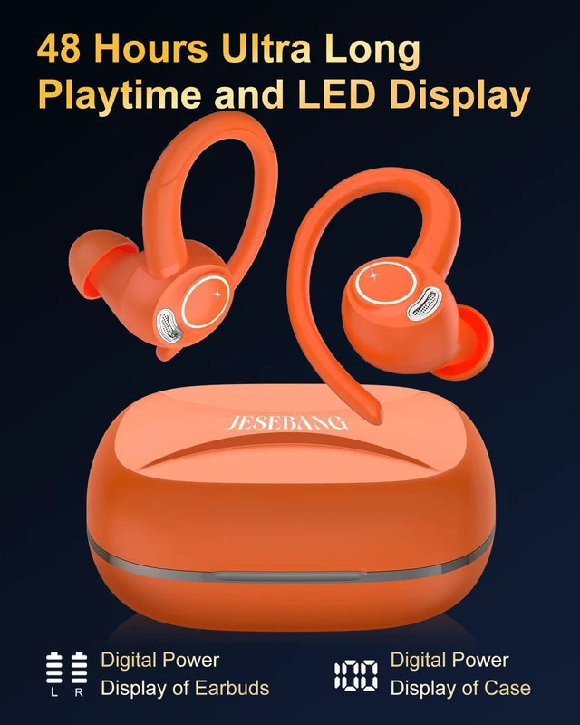 Alt view image 5 of 7 - Wireless Earbuds, Bluetooth 5.4 Headphones Sport Over Ear Buds With ENC Noise Cancelling Mic, 48H, Wireless Earphone With Earhooks, Stereo Deep Bass, IP7 Waterproof earbud for Workout Running, Orange