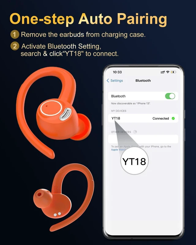 Alt view image 7 of 7 - Wireless Earbuds, Bluetooth 5.4 Headphones Sport Over Ear Buds With ENC Noise Cancelling Mic, 48H, Wireless Earphone With Earhooks, Stereo Deep Bass, IP7 Waterproof earbud for Workout Running, Orange