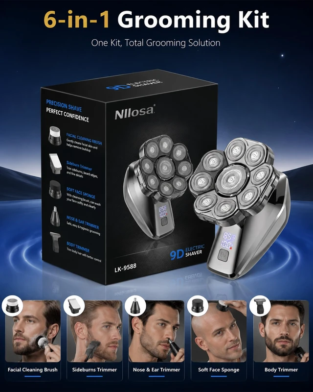 Alt view image 7 of 7 - Nllosa 9D Head Shavers for Bald Men, 8500 RPM Wet & Dry Electric Razor for Men | 9 Floating Rotary Heads, IPX7 Wet & Dry, 6-in-1 Grooming Kit, 120-Min Runtime, LED Display, USB-C Rechargeable
