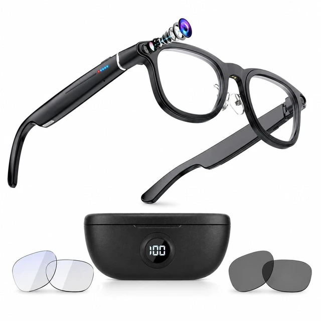 Main image of Smart Glasses with 4K Camera, 139-Lang AI Translation, ChatGPT Object Recognition, Open-Ear Audio & BT Calls, Clear/Polarized Lenses, 8MP/32MP OIS, 3600mAh Case