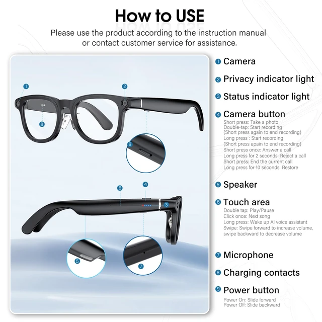 Alt view image 7 of 7 - Smart Glasses with 4K Camera, 139-Lang AI Translation, ChatGPT Object Recognition, Open-Ear Audio & BT Calls, Clear/Polarized Lenses, 8MP/32MP OIS, 3600mAh Case