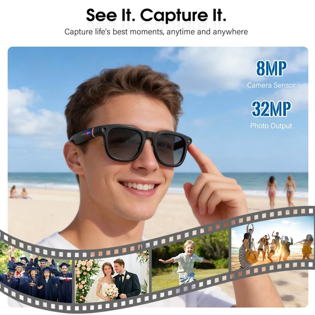 Alt view image 2 of 7 - Smart Glasses with 4K Camera, 139-Lang AI Translation, ChatGPT Object Recognition, Open-Ear Audio & BT Calls, Clear/Polarized Lenses, 8MP/32MP OIS, 3600mAh Case