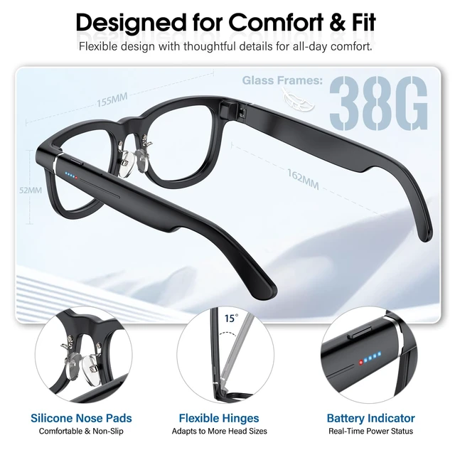 Alt view image 6 of 7 - Smart Glasses with 4K Camera, 139-Lang AI Translation, ChatGPT Object Recognition, Open-Ear Audio & BT Calls, Clear/Polarized Lenses, 8MP/32MP OIS, 3600mAh Case