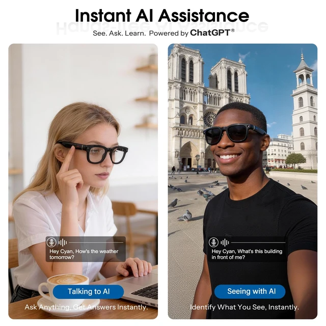 Alt view image 3 of 7 - Smart Glasses with 4K Camera, 139-Lang AI Translation, ChatGPT Object Recognition, Open-Ear Audio & BT Calls, Clear/Polarized Lenses, 8MP/32MP OIS, 3600mAh Case