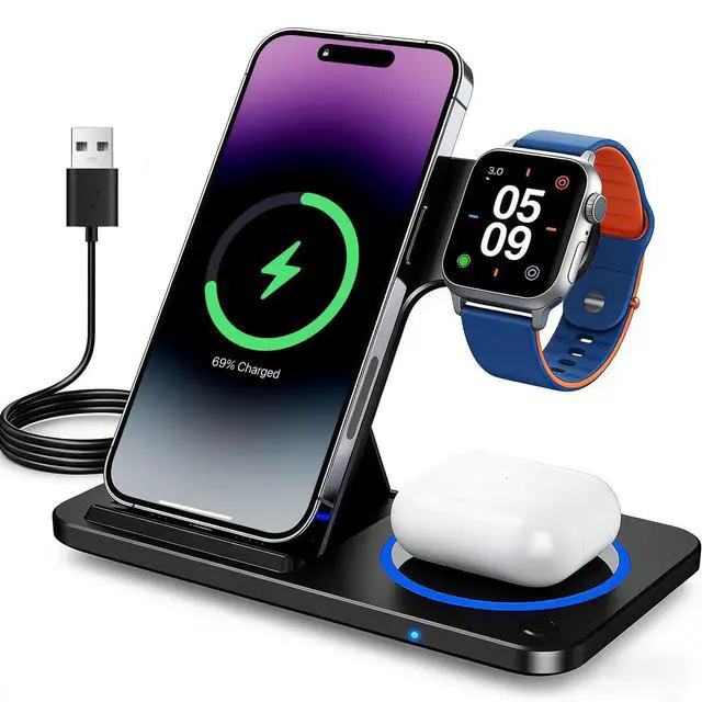 Main image of 3 in 1 Foldable Wireless Charging Station for Apple & Android Wireless Charger Compatible with iPhone 17 16e 16 15 14 Pro Max 13 12 11 - Watch 10 9 8 7 6 5 4 3 2 SE and Ultra Series - Airpods 4 3 Pro