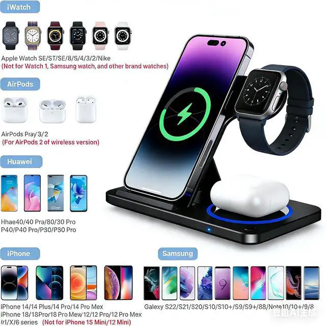 Alt view image 3 of 7 - 3 in 1 Foldable Wireless Charging Station for Apple & Android Wireless Charger Compatible with iPhone 17 16e 16 15 14 Pro Max 13 12 11 - Watch 10 9 8 7 6 5 4 3 2 SE and Ultra Series - Airpods 4 3 Pro