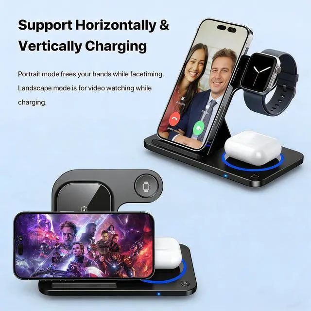 Alt view image 4 of 7 - 3 in 1 Foldable Wireless Charging Station for Apple & Android Wireless Charger Compatible with iPhone 17 16e 16 15 14 Pro Max 13 12 11 - Watch 10 9 8 7 6 5 4 3 2 SE and Ultra Series - Airpods 4 3 Pro