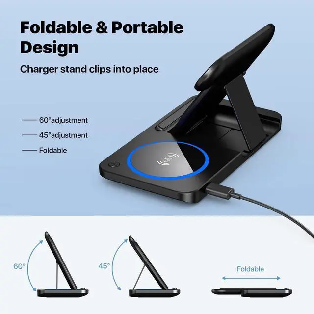Alt view image 6 of 7 - 3 in 1 Foldable Wireless Charging Station for Apple & Android Wireless Charger Compatible with iPhone 17 16e 16 15 14 Pro Max 13 12 11 - Watch 10 9 8 7 6 5 4 3 2 SE and Ultra Series - Airpods 4 3 Pro