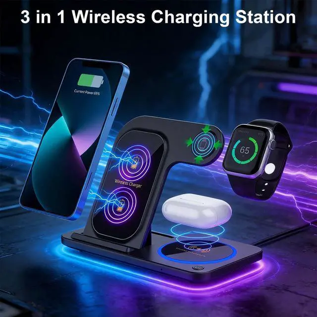Alt view image 7 of 7 - 3 in 1 Foldable Wireless Charging Station for Apple & Android Wireless Charger Compatible with iPhone 17 16e 16 15 14 Pro Max 13 12 11 - Watch 10 9 8 7 6 5 4 3 2 SE and Ultra Series - Airpods 4 3 Pro