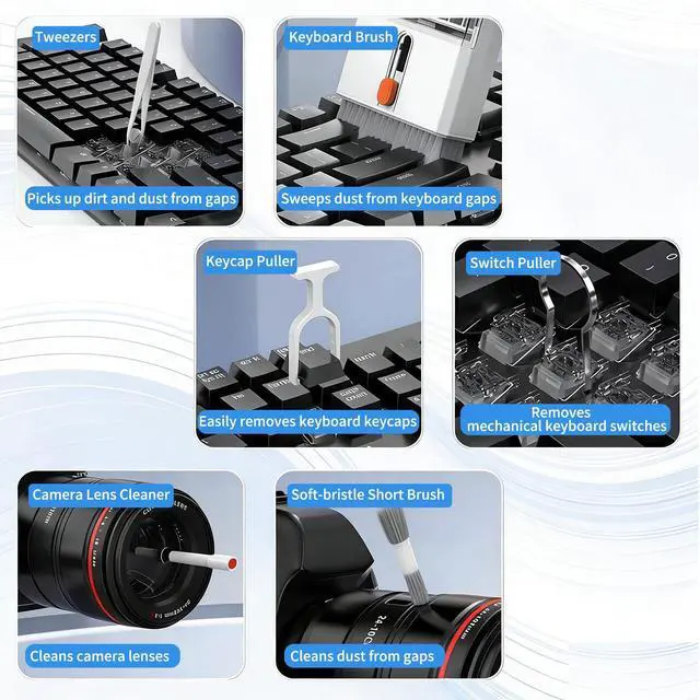 Alt view image 4 of 6 - 22 in 1 Multifunctional Cleaner Kit for AirPods and Electronic Devices, Keyboard, Laptop for iPad, iPhone, Camera, Earbuds, with Retractable Brush, Keycap Puller, Spray & Microfiber Cloth