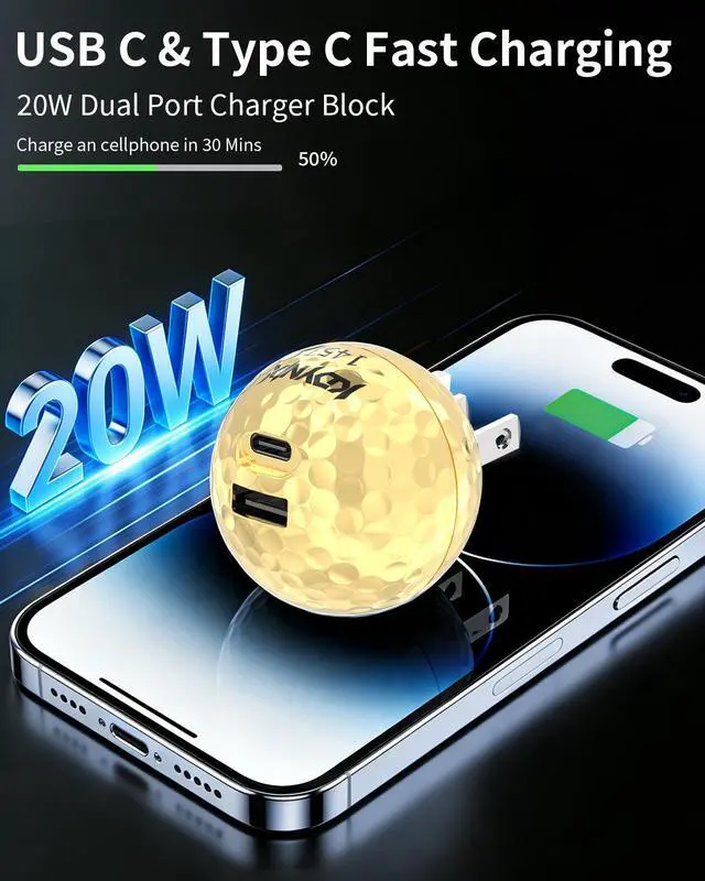 Alt view image 3 of 7 - KDYNIX Golf Ball USB C Charger 2-Pack 20W Dual Port, Foldable Plug Fast Charging Block with GaN III Technology for iPhone 16/15/14, Samsung Galaxy, iPad, Golfer Gift