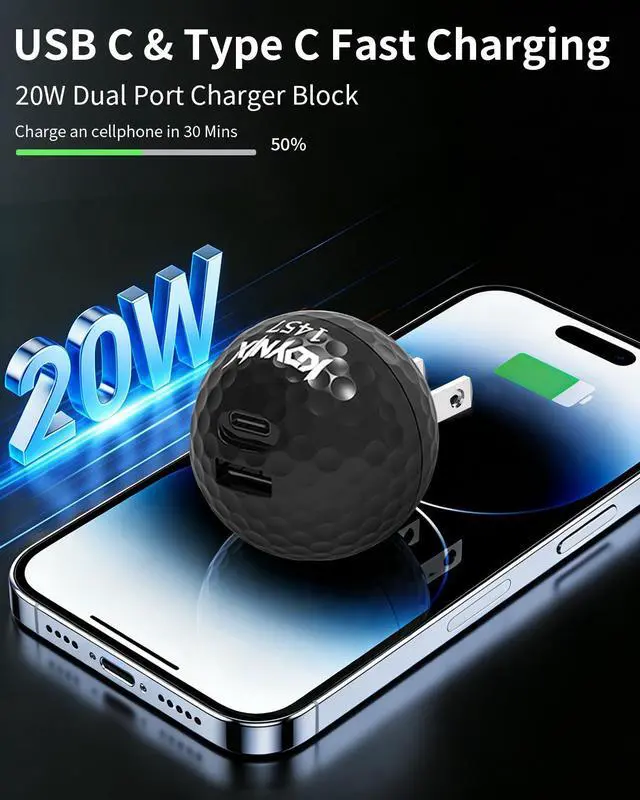 Alt view image 3 of 7 - KDYNIX Golf Ball USB C Charger 2-Pack 20W Dual Port, Foldable Plug Fast Charging Block with GaN III Technology for iPhone 16/15/14, Samsung Galaxy, iPad, Golfer Gift Black Golf