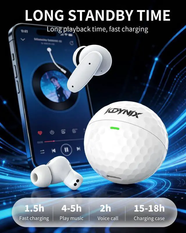 Alt view image 2 of 7 - KDYNIX Golf Ball Wireless Earbuds Bluetooth 5.4 Headphones, ANC Noise Canceling Sports Earphones with 13mm Bass Drivers, IPX7 Waterproof, 18H Playtime USB-C Charging, Holiday Gift for Golfers