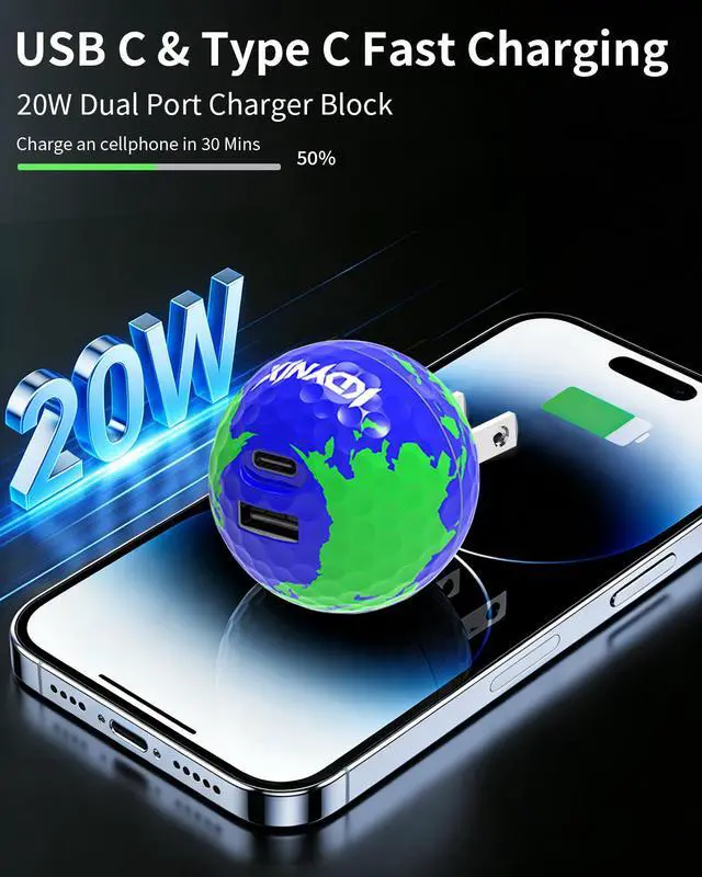 Alt view image 3 of 7 - KDYNIX Golf Ball USB C Charger 2-Pack 20W Dual Port, Foldable Plug Fast Charging Block with GaN III Technology for iPhone 16/15/14, Samsung Galaxy, iPad, Golfer Gift Earth
