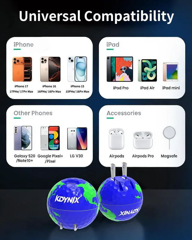 Alt view image 6 of 7 - KDYNIX Golf Ball USB C Charger 2-Pack 20W Dual Port, Foldable Plug Fast Charging Block with GaN III Technology for iPhone 16/15/14, Samsung Galaxy, iPad, Golfer Gift Earth