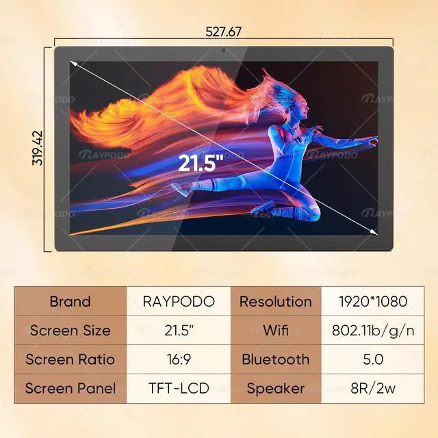Alt view image 6 of 7 - Raypodo 21.5-inch RK3566 2GB+32GB Android 11 Black all in one PC poe tablet, a Commercial Displays with HD-MI output and 24/7 operation (not include a battery, Not Consumer Tablet)