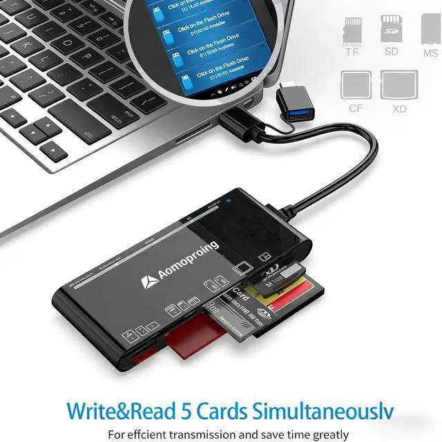 Alt view image 3 of 7 - Aomoproing 7-in-2 USB 3.0/USB C Multi Card Reader Writer, 5Gbps High-Speed Adapter, Reads 5 Cards Simultaneously for SD/TF/CF/MS/XD/SDXC/MMC, Compatible with Laptop/PC/Camera/MacBook/iPhone