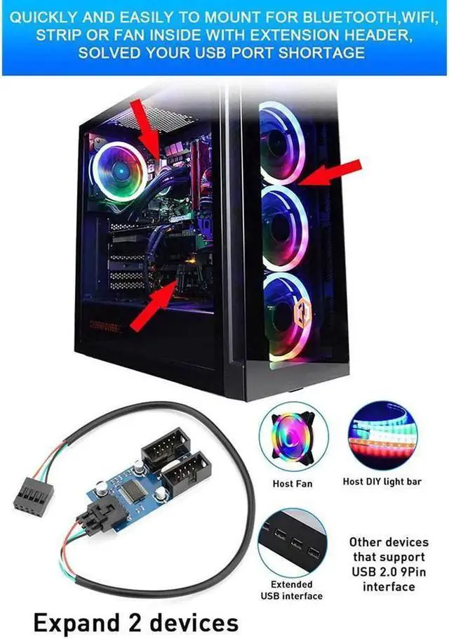 Alt view image 4 of 6 - Aomoproing Motherboard USB 2.0 9Pin Header 1 to 2 Extension Splitter Adapter, 30cm Internal 9-Pin Female to 2 Female Cable