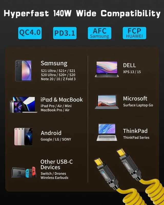 Alt view image 2 of 6 - Aomoproing Coiled USB C to USB C Cable 140W, 20Gbps Spring Coiled Type C Charger, 8K@60Hz Video Transfer (Max Stretched 5ft)
