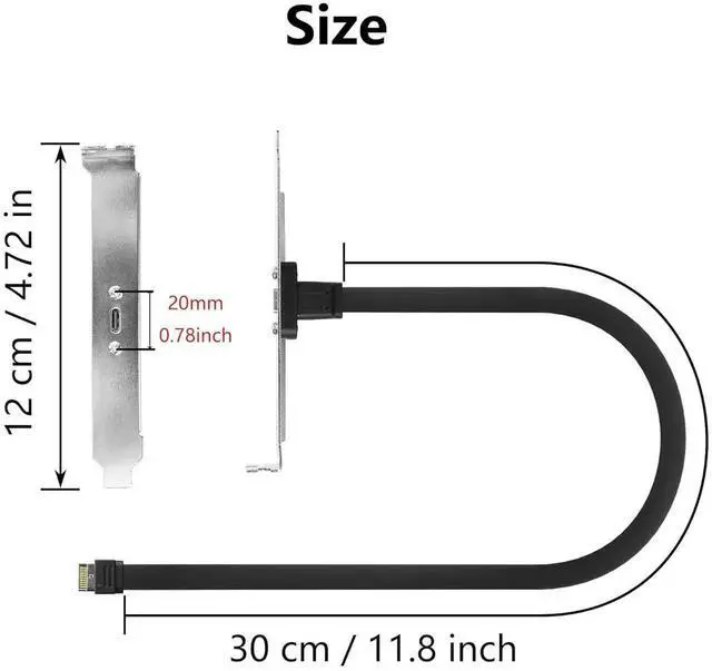 Alt view image 3 of 7 - Aomoproing USB 3.1 Front Panel Type-C Extension Cable, 10 Gbps Type-E 20Pin Male to USB-C Female, 30cm/11.8inch with Panel Mount Screw & Full Height Bracket