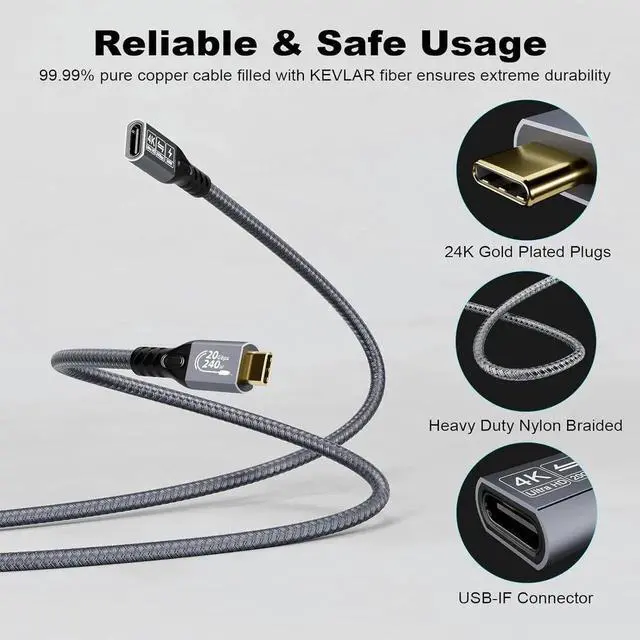 Alt view image 2 of 7 - Aomoproing 5m/16.5ft USB C 3.2 Gen-2 Cable, 240W Charging Thunderbolt 3 Male to Female Extension, 20Gbps 4K Video for MacBook M1/M2/M3