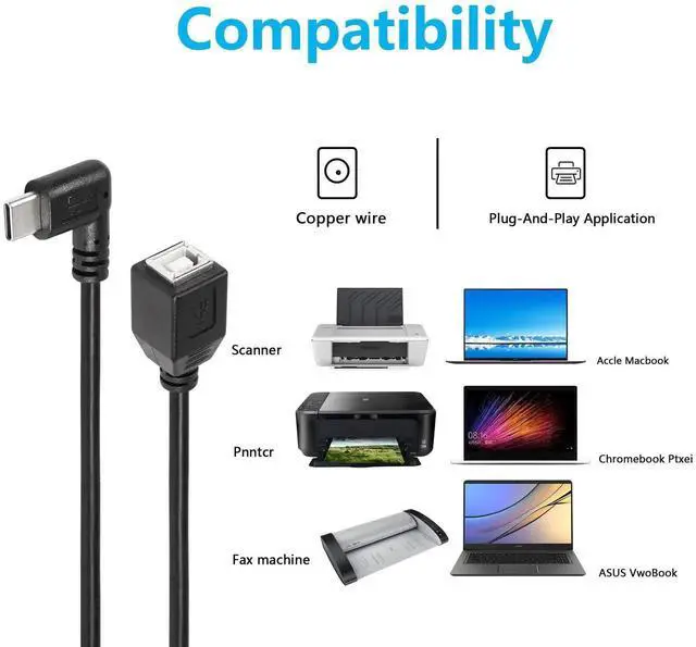 Alt view image 5 of 6 - Aomoproing USB C to USB B 2.0 Printer Cable, 90 Degree USB-C Male to USB B Female Cable, 0.3M Compatible with Printers, Scanners, MIDI Controllers, DJ Controllers