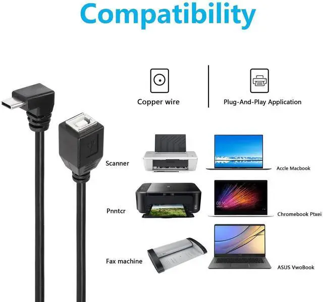 Alt view image 3 of 7 - Aomoproing USB C to USB B 2.0 Printer Cable, 90 Degree USB-C Male to USB B Female Cable, 0.3M Compatible with Printers, Scanners, MIDI Controllers, DJ Controllers