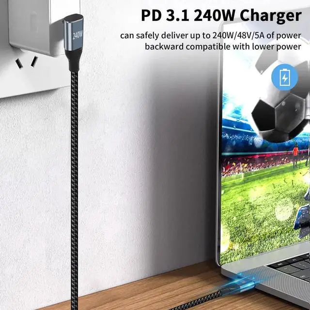 Alt view image 4 of 7 - Aomoproing 1.5ft USB C 90 Degree Cable, 240W PD 3.1 Fast Charging Braided Type-C to Type-C Cable, 3A Up/Down Angle for iPad Pro, Galaxy, Air, MacBook