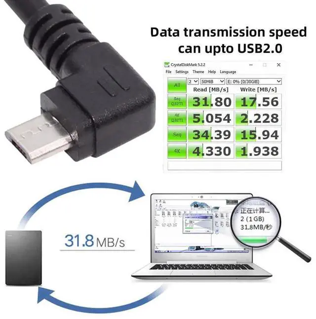 Alt view image 2 of 7 - Aomoproing Left Angled 90 Degree Micro USB 2.0 5Pin to USB 2.0 Type-A Data Charge Cable, 480Mbps High-Speed Data Sync for Phones, Tablets, Computers, Cameras, 25cm