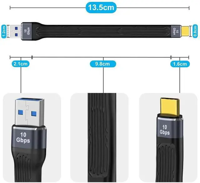 Alt view image 3 of 6 - Aomoproing USB A Male to USB C Male Flat Cable, 10Gbps High Speed, 100W (20V 5A) Fast Charging, Supports Audio & Video 4K@60Hz, 13cm for Phones, Laptops, PC