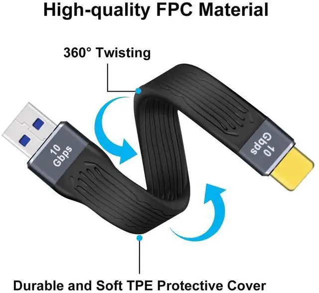 Alt view image 6 of 6 - Aomoproing USB A Male to USB C Male Flat Cable, 10Gbps High Speed, 100W (20V 5A) Fast Charging, Supports Audio & Video 4K@60Hz, 13cm for Phones, Laptops, PC