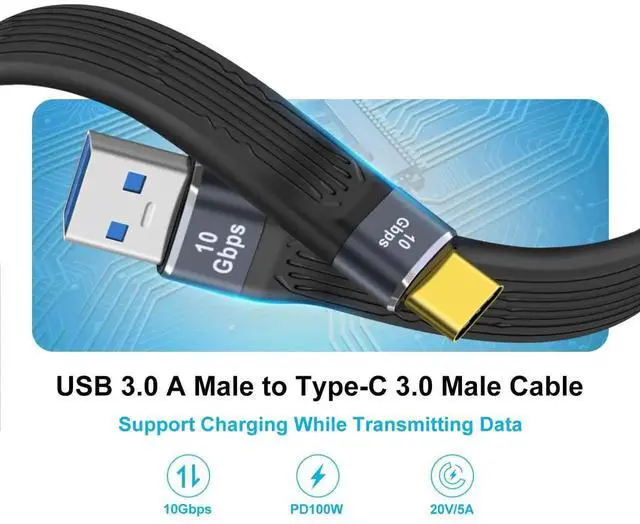 Alt view image 4 of 6 - Aomoproing USB A Male to USB C Male Flat Cable, 10Gbps High Speed, 100W (20V 5A) Fast Charging, Supports Audio & Video 4K@60Hz, 13cm for Phones, Laptops, PC