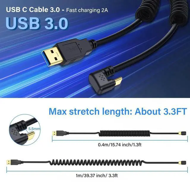 Alt view image 4 of 7 - Aomoproing USB Type C Coiled Cable, 5Gbps Retractable 90 Degree USB3.0 to USB C Cable, Charging & Data Transfer for Phone, Tablet, Other USB C Devices (M to U)