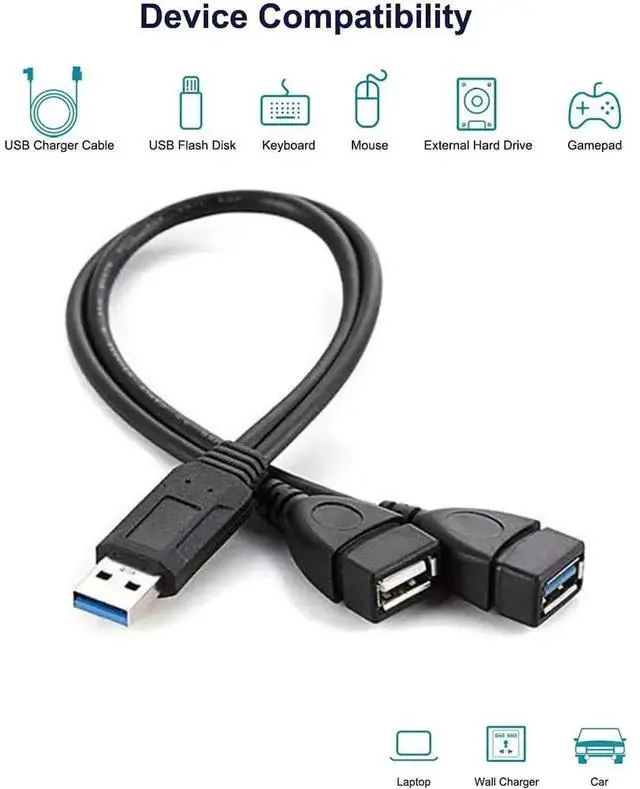 Alt view image 3 of 7 - Aomoproing USB 3.0 Female to Dual USB Male Splitter Cable, 2 Pack, Y Splitter Power Data Extension Cord for Laptop, PC, USB Devices