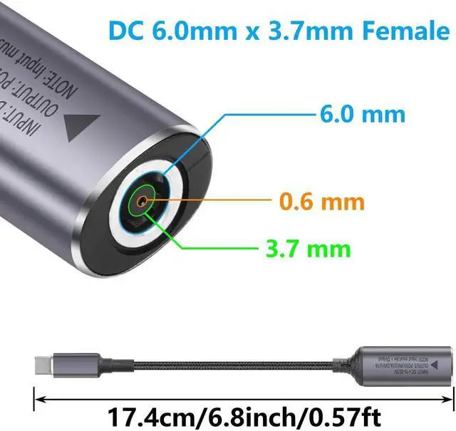 Alt view image 3 of 7 - Aomoproing PD 140W DC 6.0mm x 3.7mm (DC6037) to USB C Cable, DC 6.0x0.6mm Female Input to Type C Male Power Charging Cable with PD Automatic Identification Chip, for Phones, Tablets, Laptops