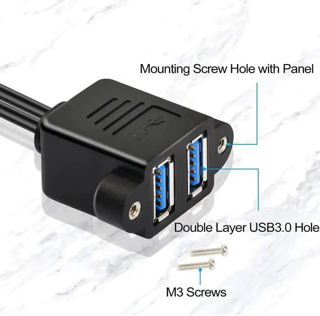 Alt view image 4 of 6 - Aomoproing Dual USB 3.0 Panel Mount Extension Cable, 2 Port USB 3.0 Male to Female with Screw Hole, 0.3m for Home Office Classroom Conference