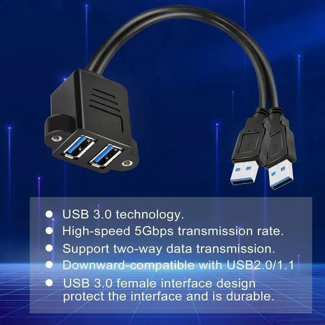 Alt view image 2 of 6 - Aomoproing Dual USB 3.0 Panel Mount Extension Cable, 2 Port USB 3.0 Male to Female with Screw Hole, 0.3m for Home Office Classroom Conference