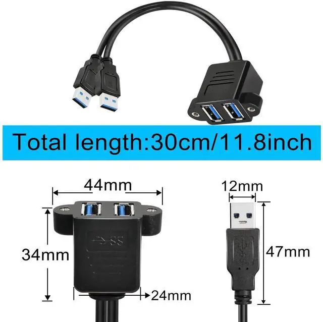 Alt view image 3 of 6 - Aomoproing Dual USB 3.0 Panel Mount Extension Cable, 2 Port USB 3.0 Male to Female with Screw Hole, 0.3m for Home Office Classroom Conference