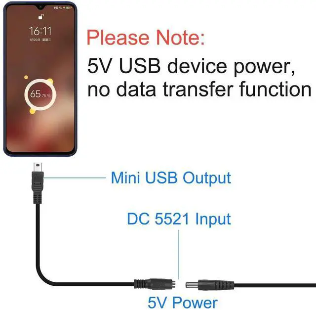 Alt view image 3 of 6 - Aomoproing DC 5.5×2.1mm to Mini USB Power Adapter Cable, DC 5521 Female to Mini USB 5Pin Male Power Supply Extension Cord 20CM 2PCS for Camera, Small Fan, MP3, MP4